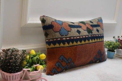 Handmade Floral Kilim Pillow Cover: Organic Wool Lumbar Pillow (12x20 in)