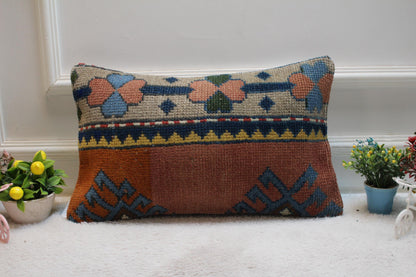 Handmade Floral Kilim Pillow Cover: Organic Wool Lumbar Pillow (12x20 in)