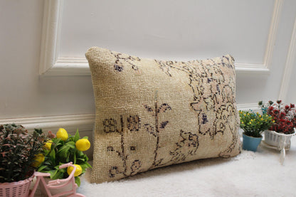 Handmade Wool Lumbar Pillow Cover: Upcycled Turkish Rug, Beige Pink Brown (12x20 in)