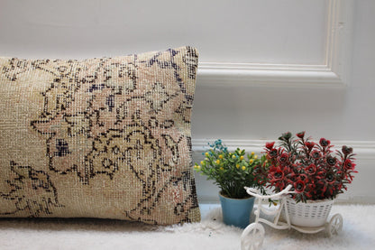 Handmade Wool Lumbar Pillow Cover: Upcycled Turkish Rug, Beige Pink Brown (12x20 in)