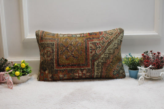 Vintage Turkish Rug Lumbar Pillow Cover: Upcycled Kilim, 12x20 inch