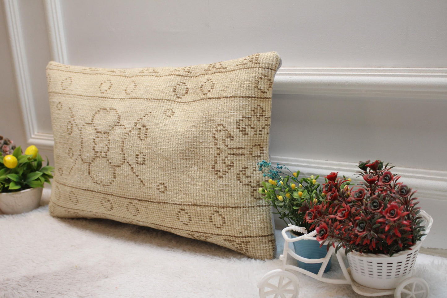 Beige Floral Turkish Pillow Cover: 12x20 Lumbar, Organic Wool