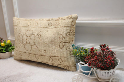 Beige Floral Turkish Pillow Cover: 12x20 Lumbar, Organic Wool