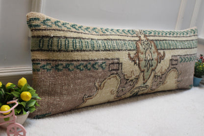 Handmade Turkish Rug Lumbar Pillow: Vintage Wool Throw Pillow Case (12x36 in)