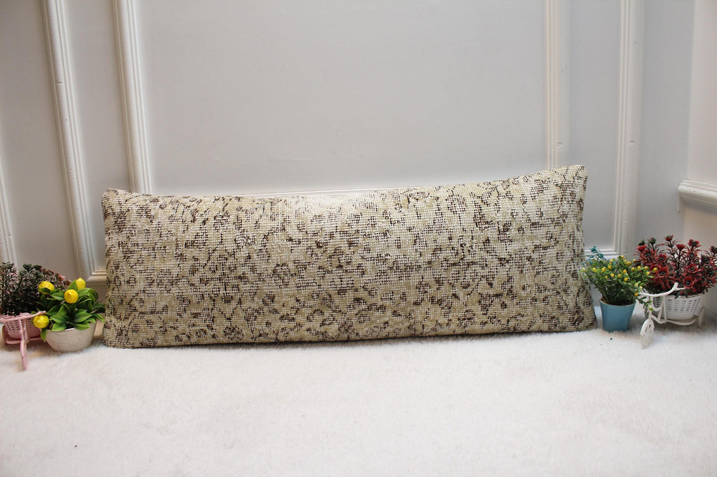 Floral Turkish Rug Lumbar Pillow Cover: Handmade Woven Pillow Case (12x36 in)