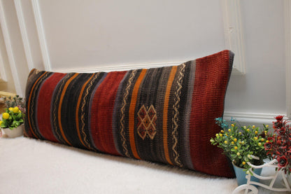 Handmade Kilim Lumbar Pillow Cover: Upcycled Woven Wool, 12x36 inch