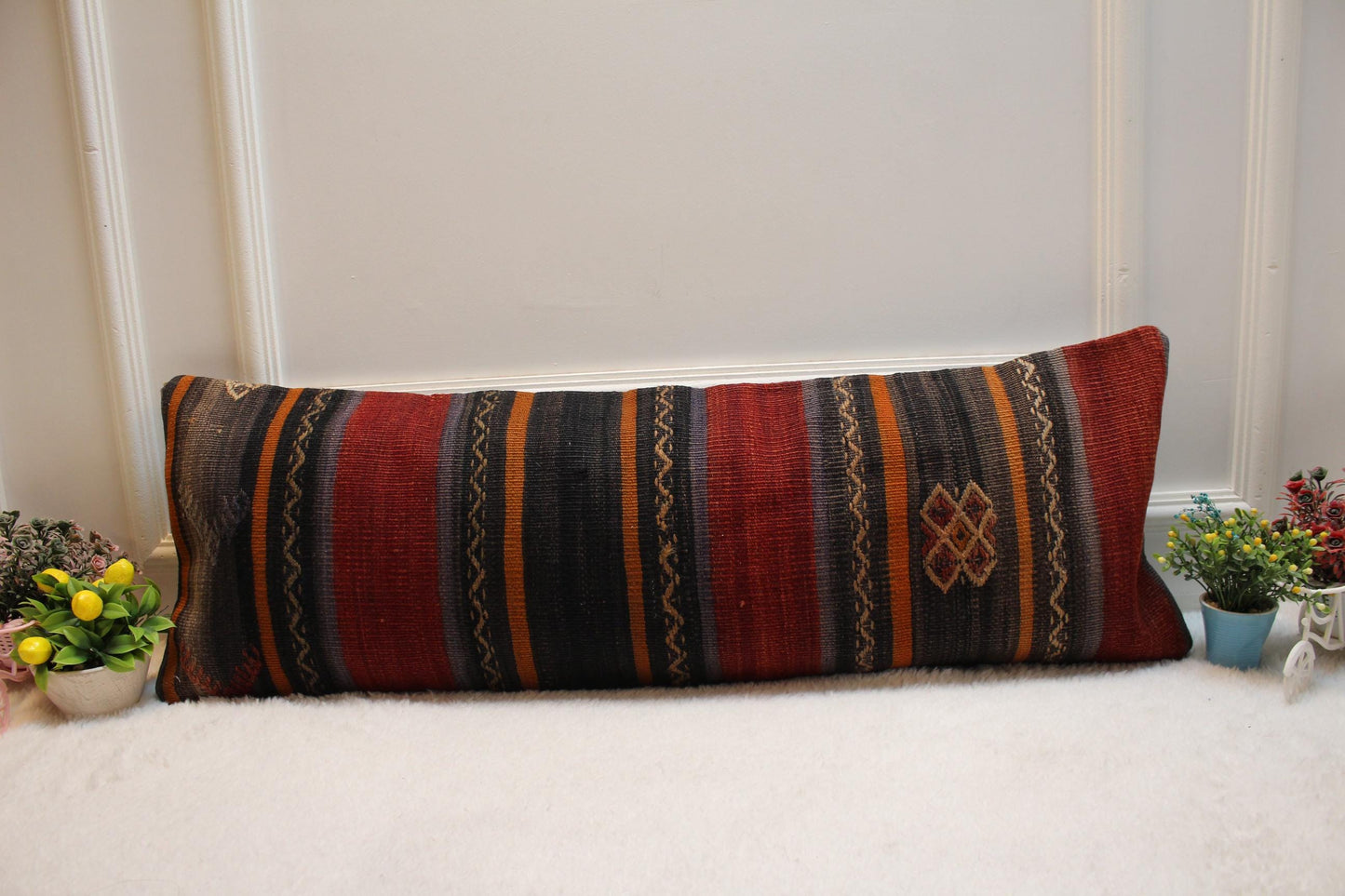 Handmade Kilim Lumbar Pillow Cover: Upcycled Woven Wool, 12x36 inch