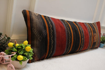Handmade Kilim Lumbar Pillow Cover: Upcycled Woven Wool, 12x36 inch