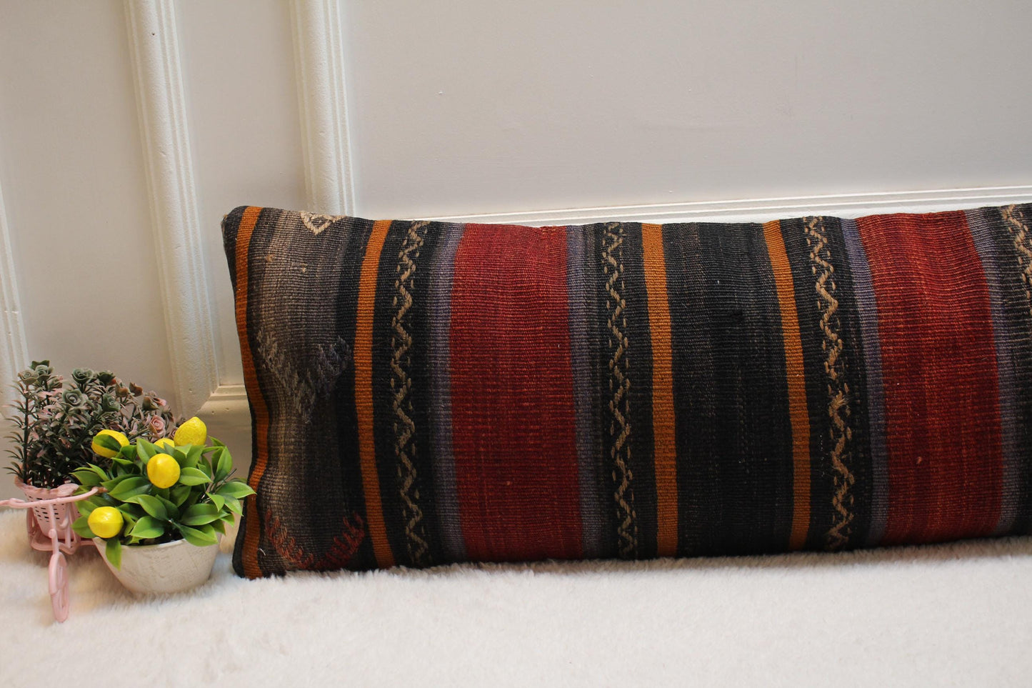Handmade Kilim Lumbar Pillow Cover: Upcycled Woven Wool, 12x36 inch