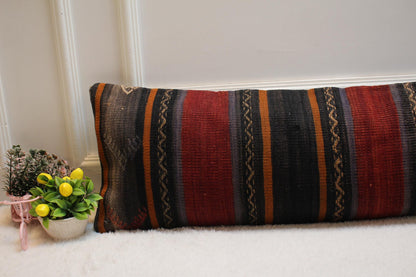 Handmade Kilim Lumbar Pillow Cover: Upcycled Woven Wool, 12x36 inch