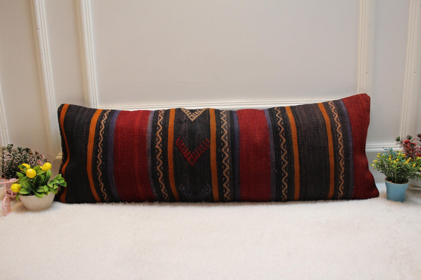 Striped Turkish Kilim Lumbar Pillow Cover: 12x36 inch, Handmade Rug Pillow