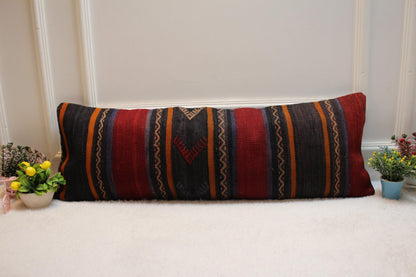Striped Turkish Kilim Lumbar Pillow Cover: 12x36 inch, Handmade Rug Pillow