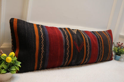 Striped Turkish Kilim Lumbar Pillow Cover: 12x36 inch, Handmade Rug Pillow
