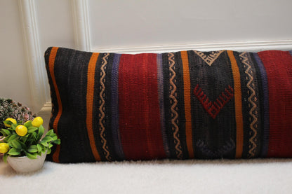 Striped Turkish Kilim Lumbar Pillow Cover: 12x36 inch, Handmade Rug Pillow