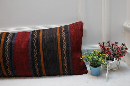 Striped Turkish Kilim Lumbar Pillow Cover: 12x36 inch, Handmade Rug Pillow