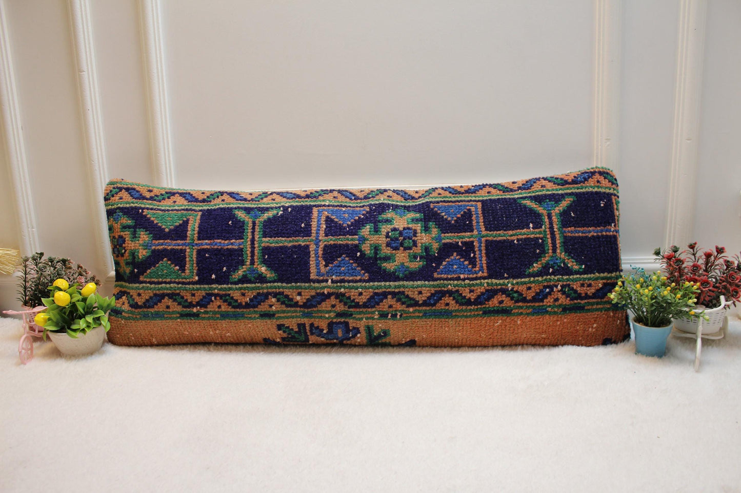 Vintage Turkish Rug Lumbar Pillow Cover: Orange Wool Anatolian Pillow Case (12x36 in)