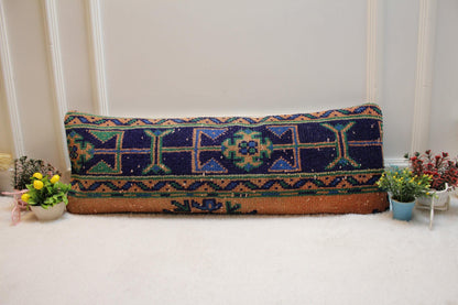 Vintage Turkish Rug Lumbar Pillow Cover: Orange Wool Anatolian Pillow Case (12x36 in)