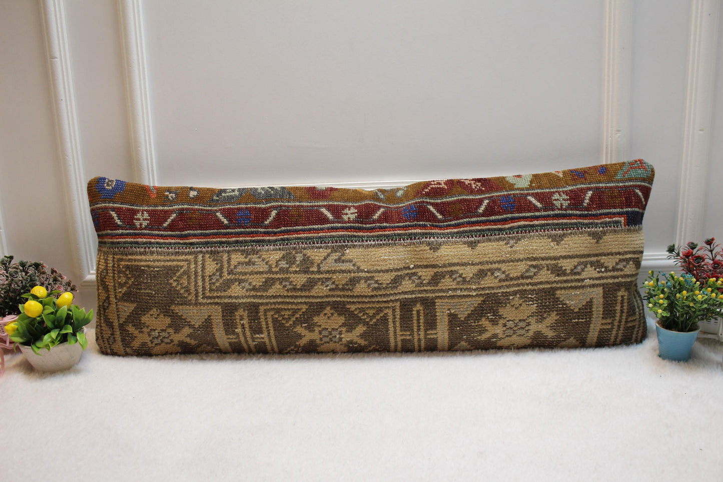 Patchwork Turkish Rug Lumbar Pillow Cover: Vintage Woven Design (12x36 in)