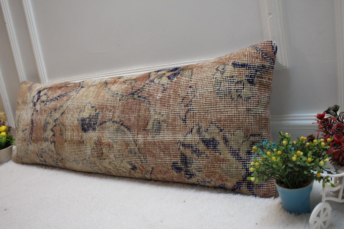 Floral Kilim Lumbar Pillow Cover: Upcycled Rug, 12x36 inch