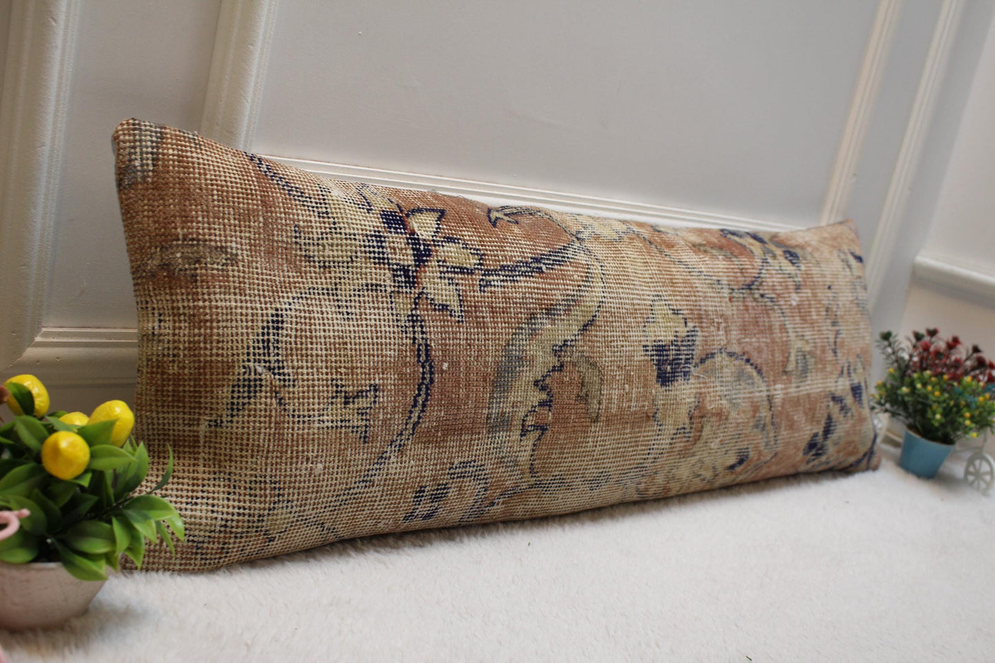 Floral Kilim Lumbar Pillow Cover: Upcycled Rug, 12x36 inch