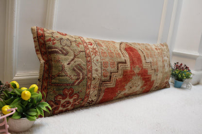 Vintage Turkish Rug Lumbar Pillow Cover: Organic Wool, Red Beige (12x36 inc)