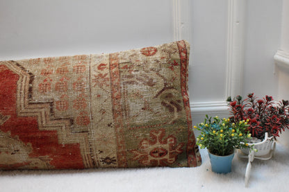 Vintage Turkish Rug Lumbar Pillow Cover: Organic Wool, Red Beige (12x36 inc)