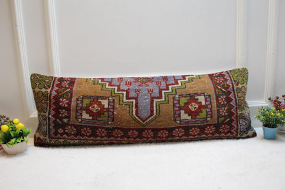 Handmade Kilim Lumbar Pillow Cover: Geometric Wool Pillow, 12x36
