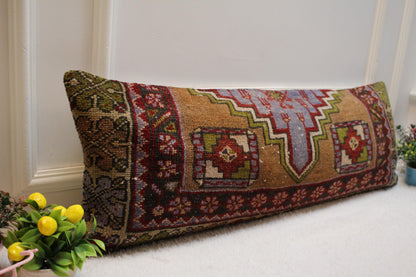 Handmade Kilim Lumbar Pillow Cover: Geometric Wool Pillow, 12x36