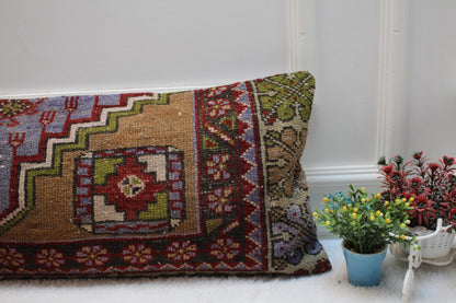 Handmade Kilim Lumbar Pillow Cover: Geometric Wool Pillow, 12x36