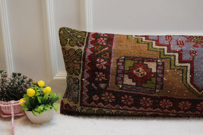 Handmade Kilim Lumbar Pillow Cover: Geometric Wool Pillow, 12x36