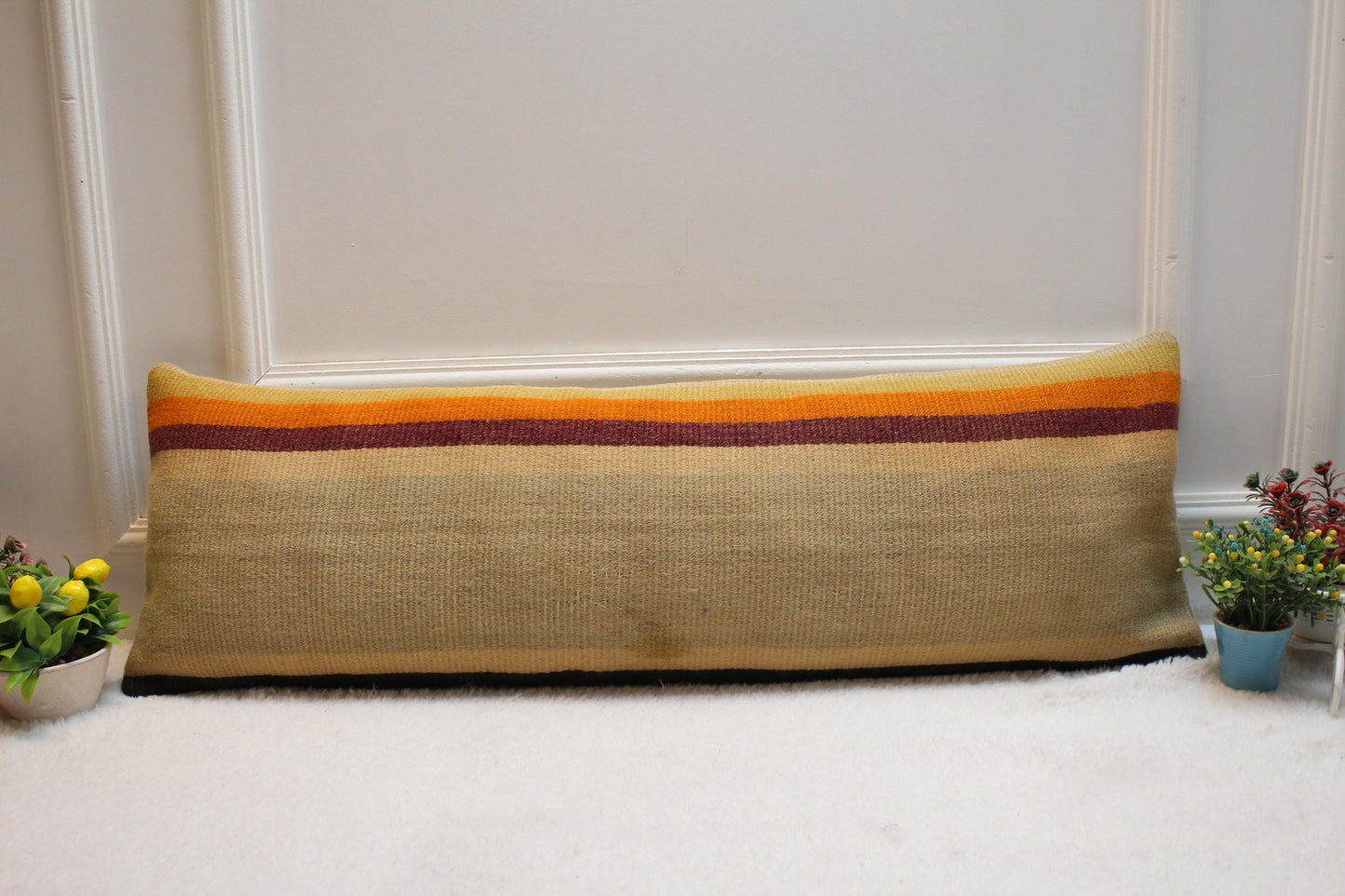 Striped Kilim Lumbar Pillow Cover: Beige Orange, 12x36 inch
