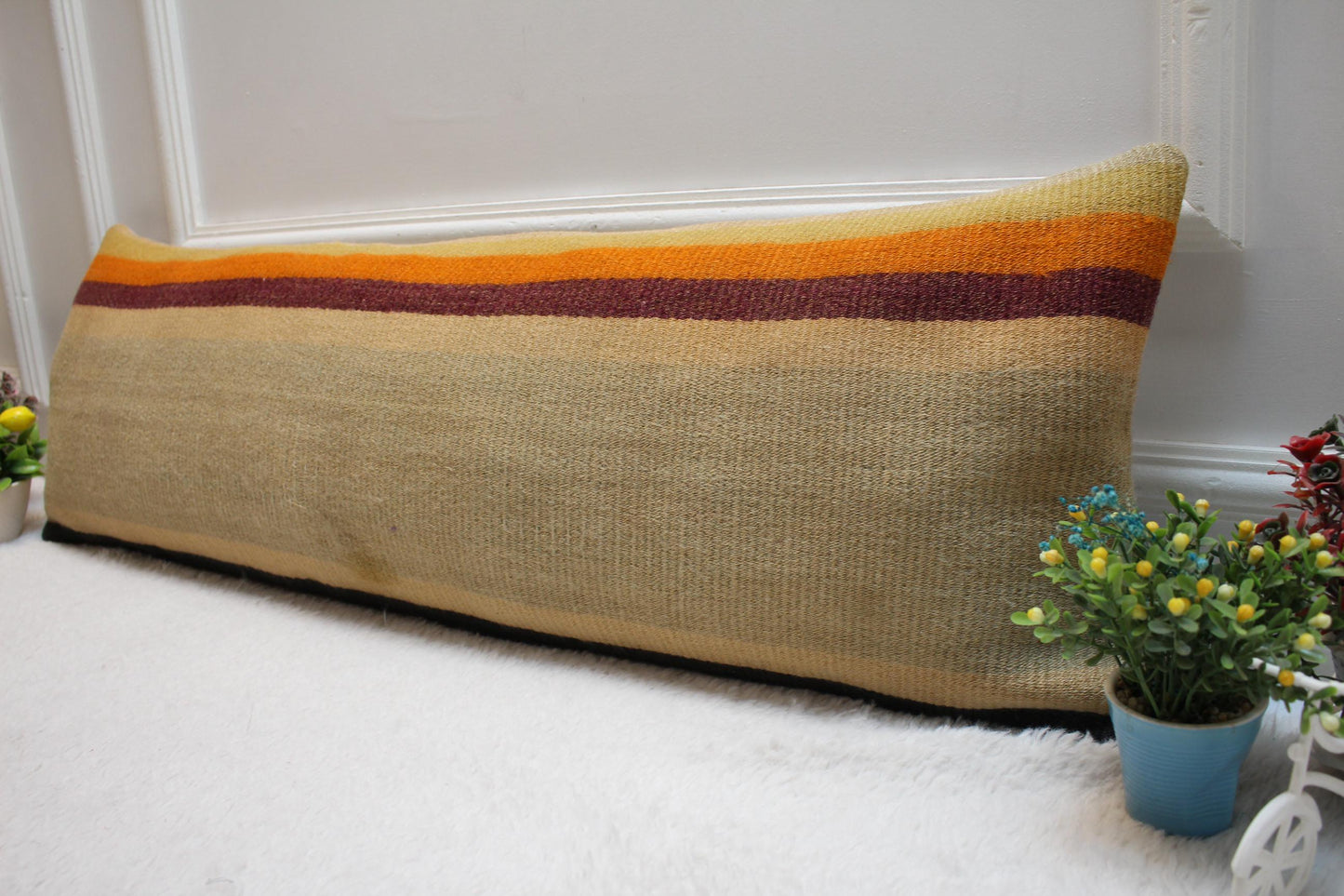 Striped Kilim Lumbar Pillow Cover: Beige Orange, 12x36 inch