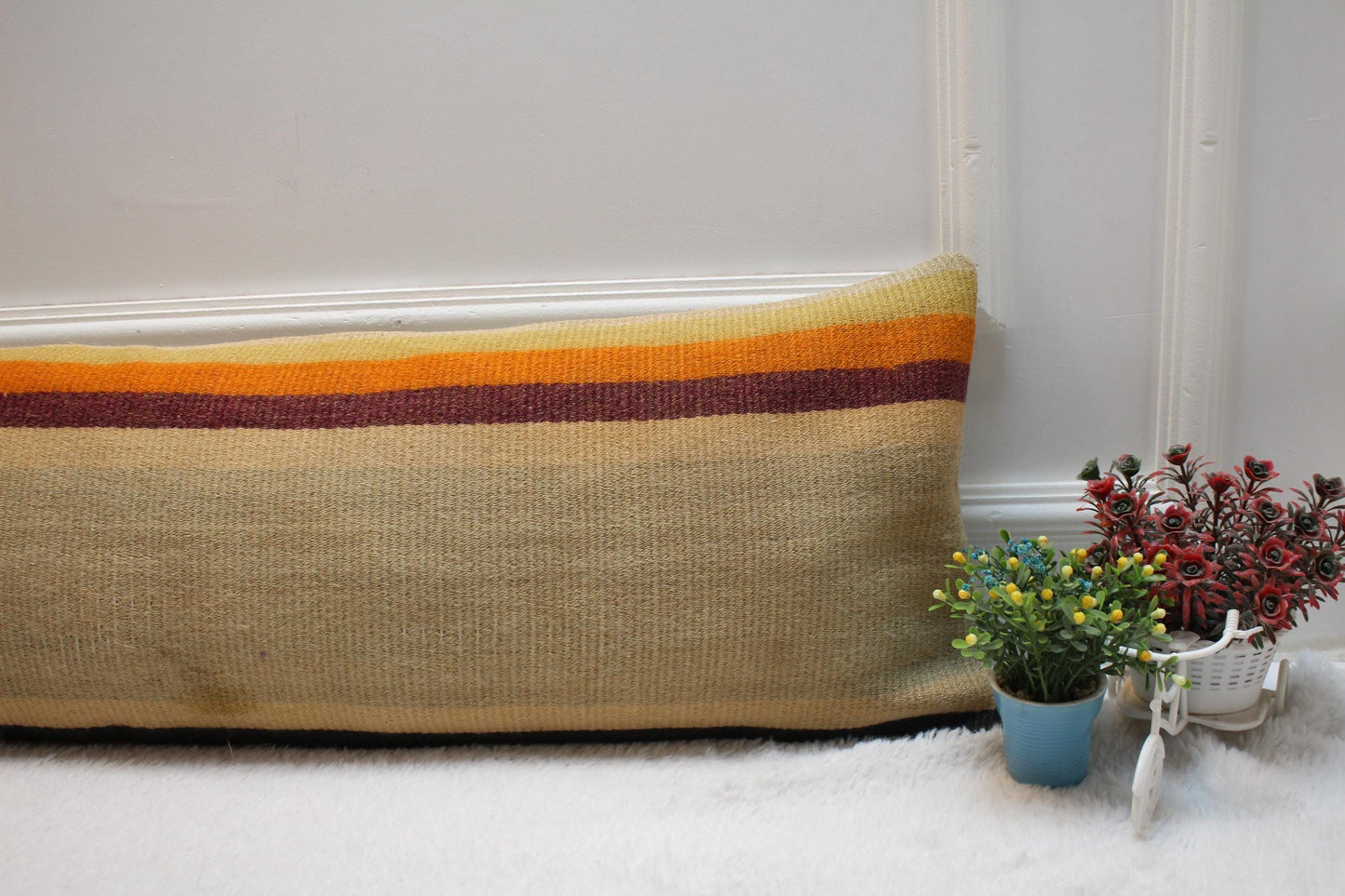 Striped Kilim Lumbar Pillow Cover: Beige Orange, 12x36 inch