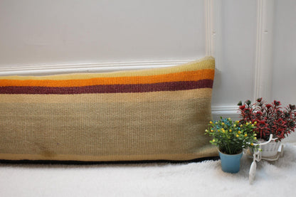 Striped Kilim Lumbar Pillow Cover: Beige Orange, 12x36 inch