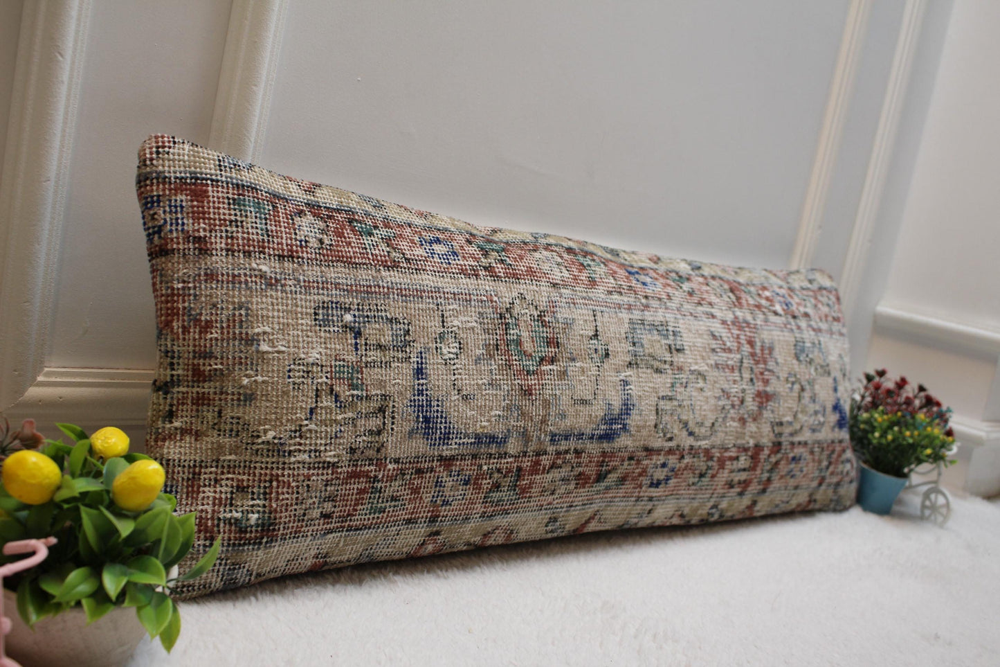 Handmade Beige Wool Lumbar Pillow Cover: Vintage Anatolian Rug, 12x36 in