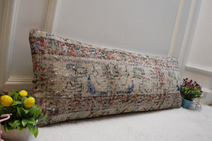 Handmade Beige Wool Lumbar Pillow Cover: Vintage Anatolian Rug, 12x36 in