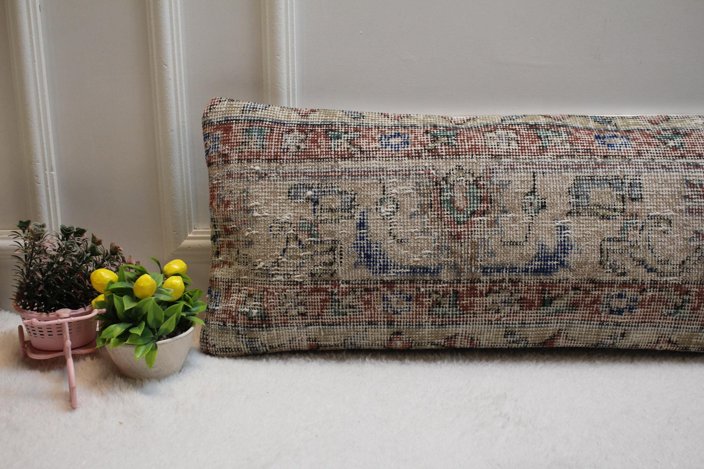 Handmade Beige Wool Lumbar Pillow Cover: Vintage Anatolian Rug, 12x36 in