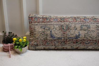 Handmade Beige Wool Lumbar Pillow Cover: Vintage Anatolian Rug, 12x36 in