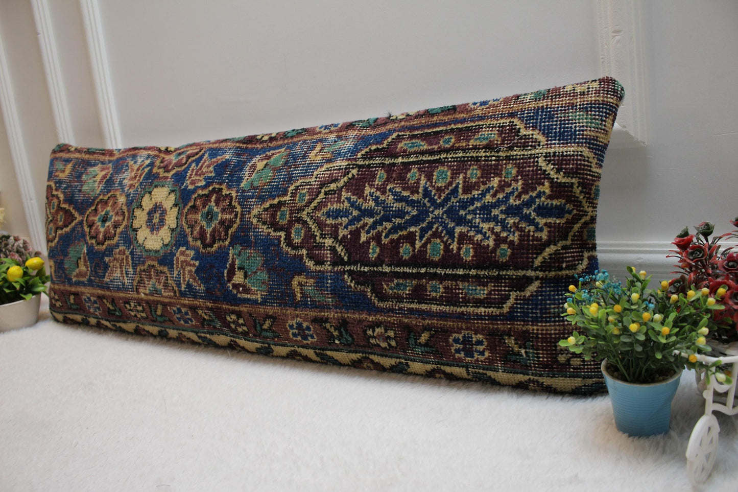 Blue Floral Kilim Pillow Cover: Vintage Anatolian Wool Rug, 12x36