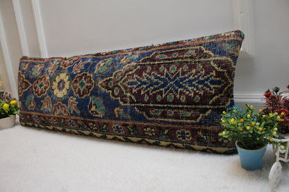 Blue Floral Kilim Pillow Cover: Vintage Anatolian Wool Rug, 12x36