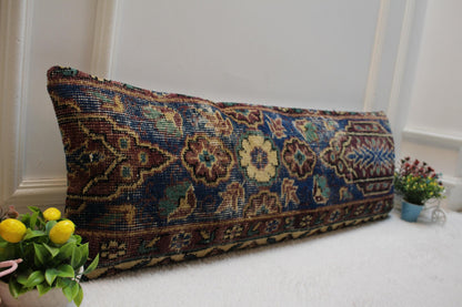 Blue Floral Kilim Pillow Cover: Vintage Anatolian Wool Rug, 12x36