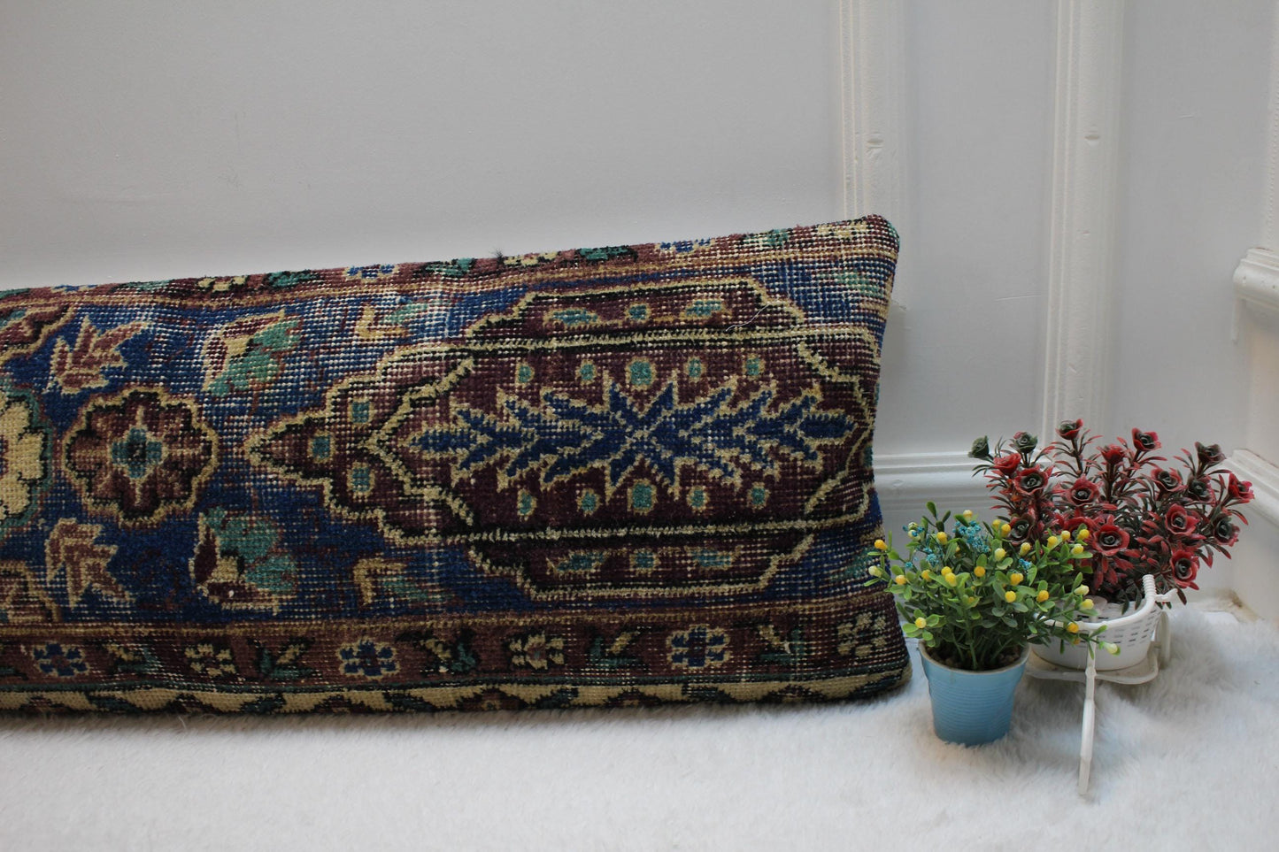 Blue Floral Kilim Pillow Cover: Vintage Anatolian Wool Rug, 12x36