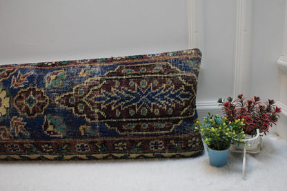 Blue Floral Kilim Pillow Cover: Vintage Anatolian Wool Rug, 12x36