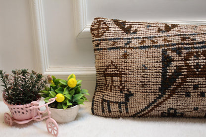 Beige Turkish Rug Pillow Cover: Vintage Wool Lumbar Pillow, 12x24