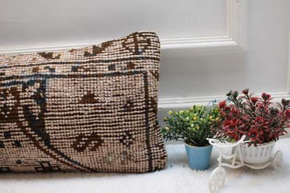 Beige Turkish Rug Pillow Cover: Vintage Wool Lumbar Pillow, 12x24