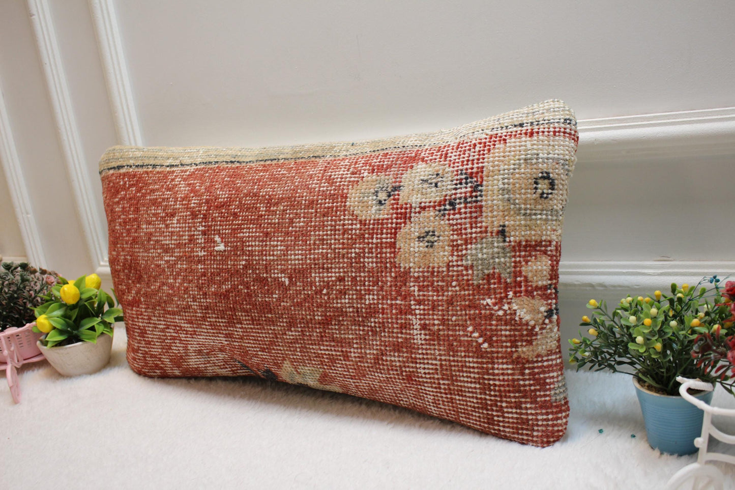 Red Vintage Turkish Rug Lumbar Pillow Cover: 12x24 inch, Handmade Kilim