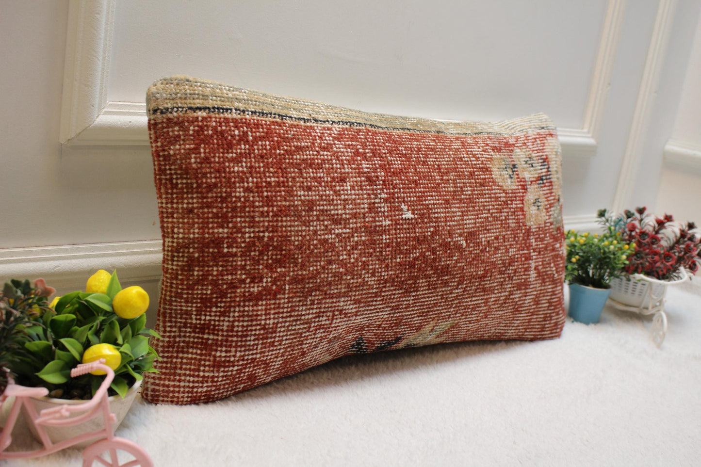Red Vintage Turkish Rug Lumbar Pillow Cover: 12x24 inch, Handmade Kilim
