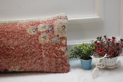 Red Vintage Turkish Rug Lumbar Pillow Cover: 12x24 inch, Handmade Kilim