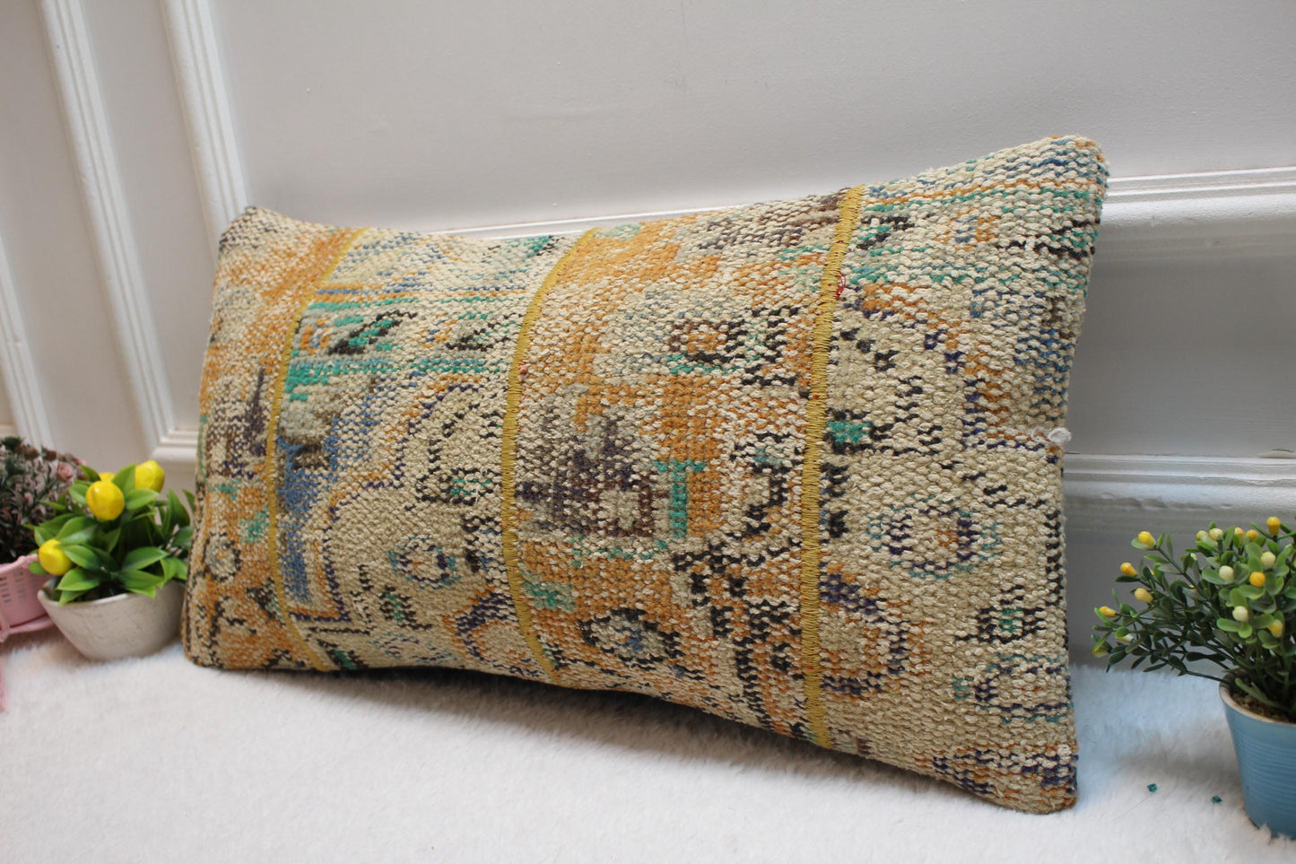 Handmade Kilim Lumbar Pillow Cover: Upcycled Rug Pillow, 12x24 inch