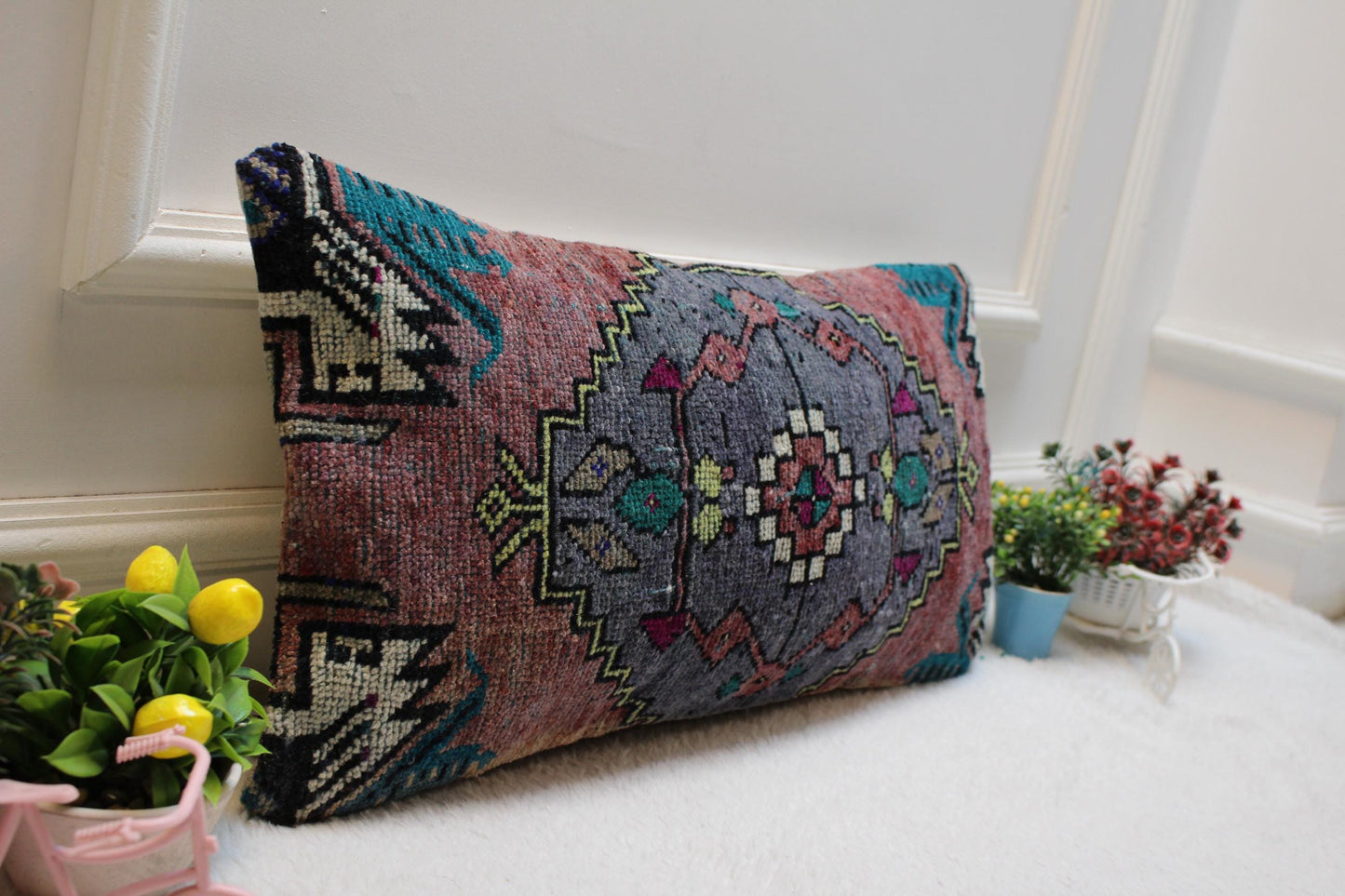 Handmade Kilim Lumbar Pillow Cover: Geometric Woven Rug, 12x24 inch